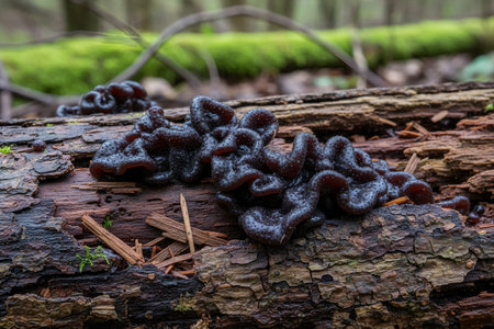 Exotic black jelly fungus clusters on a weathered, moss-covered fallen tree trunk in a natural woodland settingの写真素材
