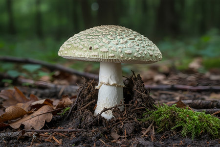 A close-up view of a Death Cap mushroom, Amanita phalloides, emerging from the forest floor surrounded by organic debris and vibrant green mossの写真素材