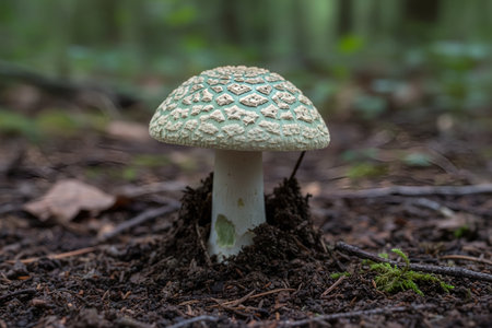 A close-up view of a vibrant green Amanita mushroom, its cap covered in unique diamond-shaped scales, emerges from the dark forest soilの写真素材