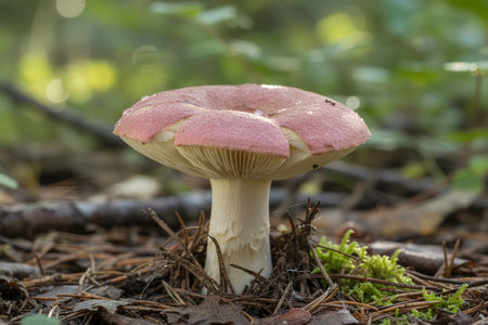 A single pink mushroom with visible gills and a textured cap glistens with dew drops amidst forest floor debris and mossの写真素材