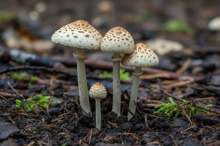 A cluster of small, speckled mushrooms emerges from the damp forest floor surrounded by pine needles and mossの写真素材