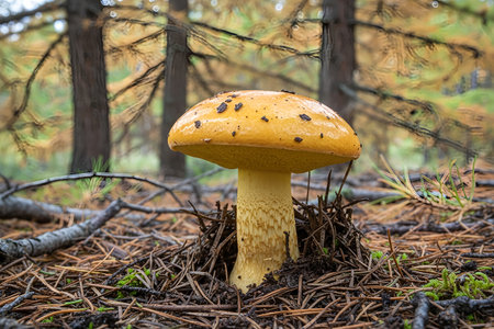 A single, vibrant yellow mushroom with a textured stem stands tall amidst pine needles and forest debrisの写真素材