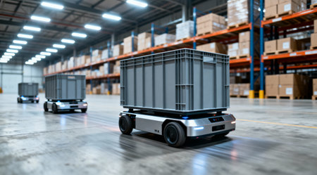 Automated guided vehicles move through a distribution center, streamlining logistics and warehouse operationsの写真素材