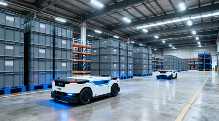 Automated guided vehicles move inventory through a large distribution center, streamlining logistics and improving efficiencyの写真素材