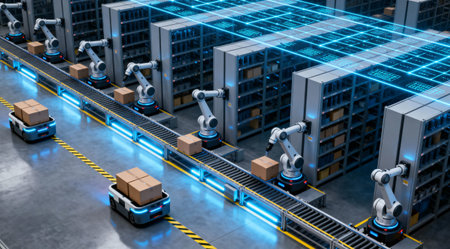Robotic arms and AGVs work together in a modern warehouse, optimizing logistics and supply chain managementの写真素材