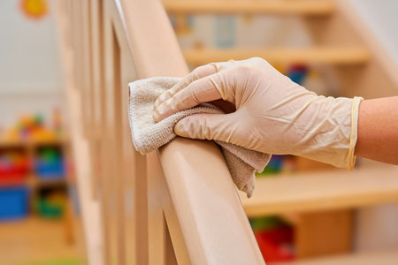 A gloved hand uses a cloth to clean and disinfect a wooden railing, enhancing hygiene and safety in...