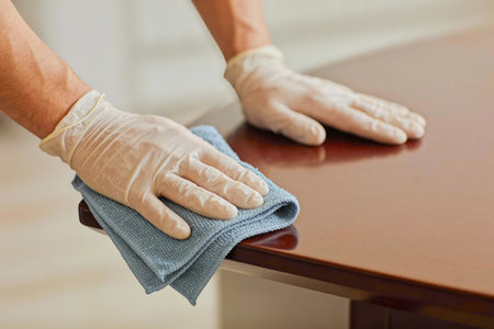 Close-up of hands in disposable gloves wiping down a shiny wood surface with a soft cloth for...