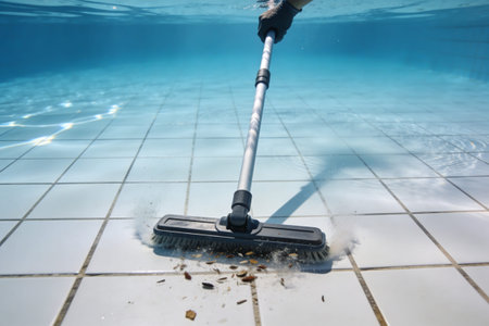 A gloved hand uses a long-handled brush to scrub debris from the tiled bottom of a clear blue swimming poolの写真素材