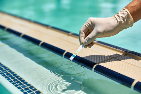 A gloved hand dips a water quality test strip into a swimming pool, checking for proper chemical balance and clarityの写真素材