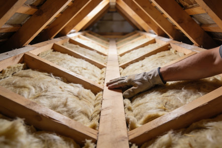 Close-up view of a worker's hand wearing a protective glove, inspecting the fluffy insulation material installed within the wooden structure of an attic spaceの写真素材
