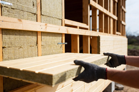 A gloved hand carefully places a wooden-faced insulation board onto the exterior wall of a building under constructionの写真素材