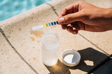 A person holds a pool water test strip with colored pads over a small vial of water, checking chemical balance near a swimming poolの写真素材