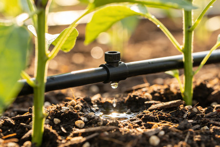 A single drop of water falls from a drip emitter onto the soil near a seedling, showcasing efficient watering techniques for agriculture and gardeningの写真素材