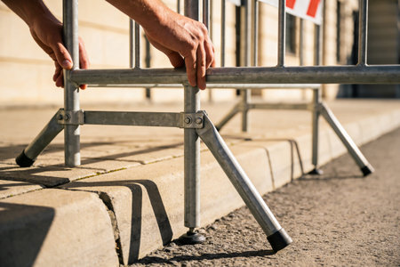 A person's hands are shown connecting sections of a temporary metal fence, setting up for crowd management on an urban streetの写真素材