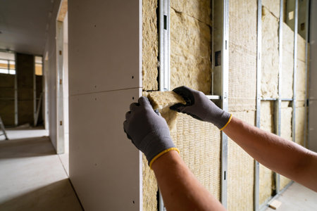 A person wearing gloves carefully places a piece of insulation into a wall cavity during a building renovation projectの写真素材