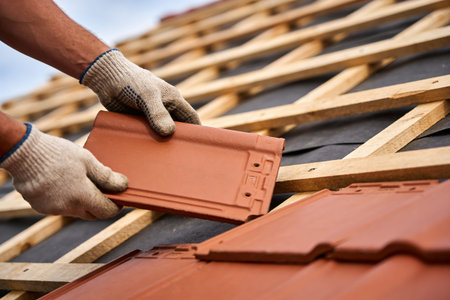 A roofer carefully places a terracotta tile onto the wooden battens of a new roof construction, showcasing the building processの写真素材