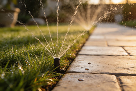 Close-up of an automatic sprinkler head spraying water onto lush green grass, with dew drops glistening and warm sunlight illuminating the sceneの写真素材