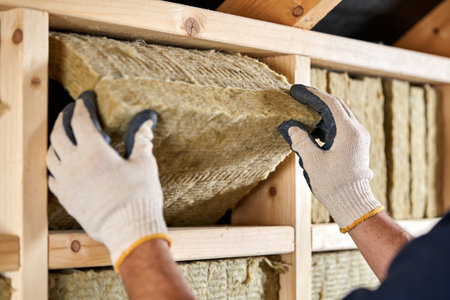 Close-up of hands wearing protective gloves carefully placing mineral wool insulation into a wooden stud wall during a building projectの写真素材