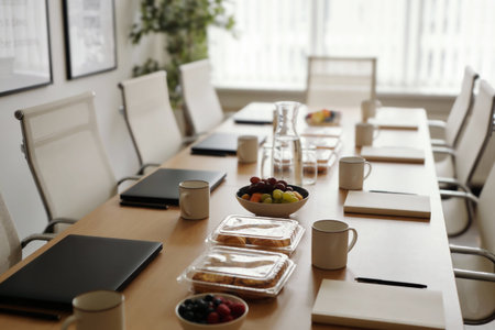 A long wooden table in a bright conference room is prepared with laptops, notebooks, mugs, and a fruit bowl for a business meetingの写真素材