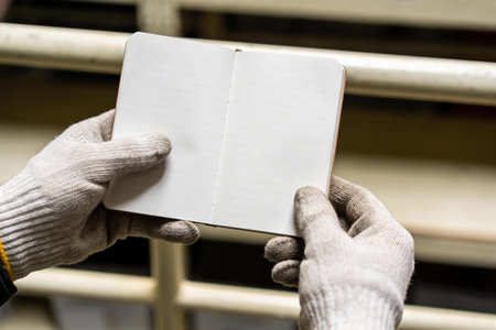 A person wearing white work gloves holds an open, empty lined notebook, ready for jotting down important information or plansの写真素材
