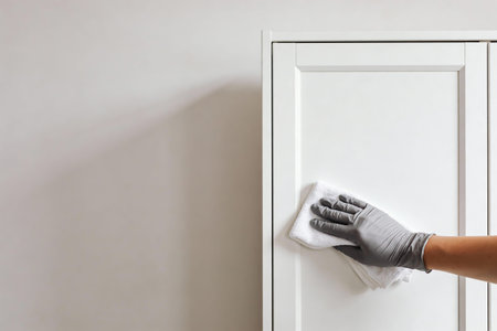Close-up of a person's hand in a protective glove cleaning a white cabinet surface with a soft cloth, emphasizing hygiene and cleanlinessの写真素材