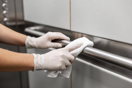 A person wearing disposable gloves meticulously wipes down a shiny metal handrail with a soft white cloth, emphasizing hygiene and cleanliness in a public spaceの写真素材