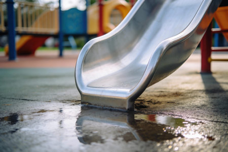 The bottom of a shiny metal slide on a playground is wet and reflects the sunlight, indicating recent rain or dew on the surfaceの写真素材