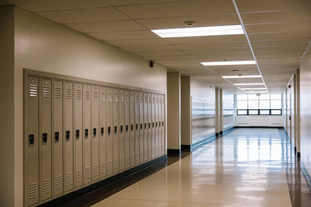 A long, empty school hallway stretches into the distance, lined with rows of beige metal lockers under bright fluorescent lightsの写真素材