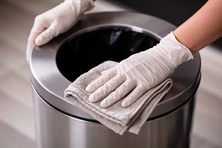 A person wearing disposable gloves meticulously wipes down the rim of a modern metal waste bin with a soft towel, enhanced hygiene and cleanlinessの写真素材