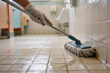 A person wearing protective gloves uses a mop to clean the wet floor of a public restroom, highlighting sanitation effortsの写真素材