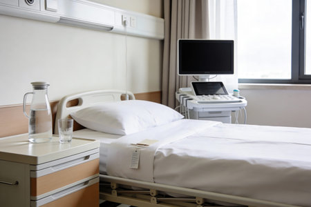 A sterile hospital room is set up with a patient bed, bedside table, and medical monitoring equipment, ready for a patient's stayの写真素材