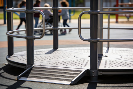 A modern, accessible merry-go-round on a playground features a ramp for easy wheelchair entry, with children visible in the background enjoying the outdoorsの写真素材
