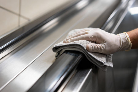 A gloved hand meticulously cleans a polished metallic railing with a soft cloth, enhancing sanitation and cleanliness in public spacesの写真素材