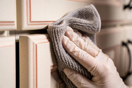 A person wearing protective gloves meticulously wipes down the surface of cream-colored kitchen cabinets with a gray microfiber cloth, ensuring a hygienic environmentの写真素材