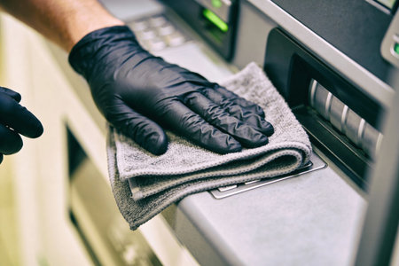 A person in black nitrile gloves cleans a public ATM machine with a gray microfiber cloth, emphasizing hygiene and safety measuresの写真素材