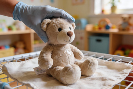 A person wearing blue protective gloves is carefully cleaning a damp teddy bear with a cloth, with toys visible in the backgroundの写真素材