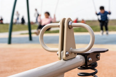 Focus on the metal structure of a seesaw with blurred figures of children enjoying swings in the distance on a sunny dayの写真素材