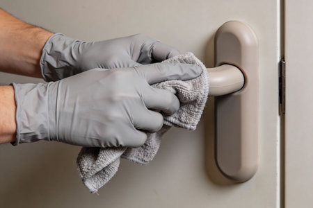 Close-up of hands in protective gloves cleaning a door handle with a microfiber cloth to prevent germ spreadの写真素材