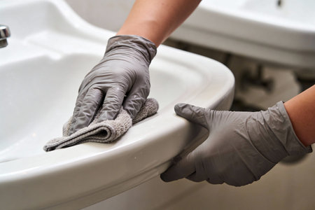 A person is meticulously cleaning the edge of a white ceramic sink with a microfiber cloth while wearing protective glovesの写真素材