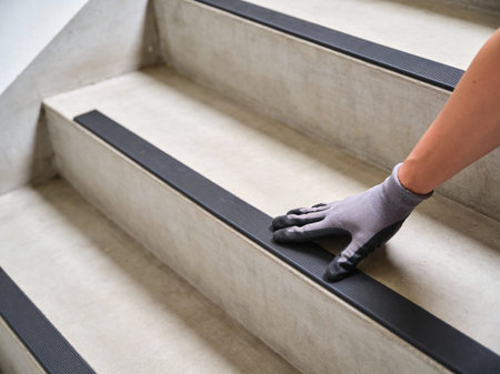 A gloved hand is shown carefully placing a black anti-slip tread onto a concrete stair step to enhance safety and prevent accidentsの写真素材