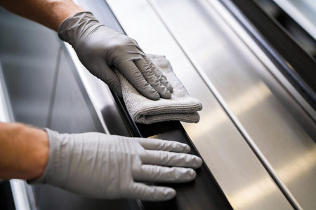 Close-up of hands wearing protective gloves, meticulously wiping down a sleek, metallic surface with a gray microfiber cloth to ensure cleanliness and hygieneの写真素材