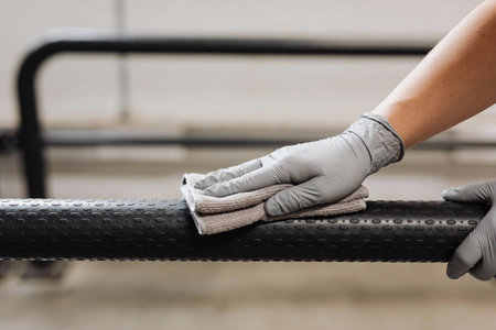A person wearing gray protective gloves meticulously cleans a textured black bar with a soft microfiber cloth, ensuring hygiene and cleanliness in the environmentの写真素材