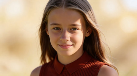 A close-up portrait of a young girl with a sweet smile and a scattering of freckles across her nose,...