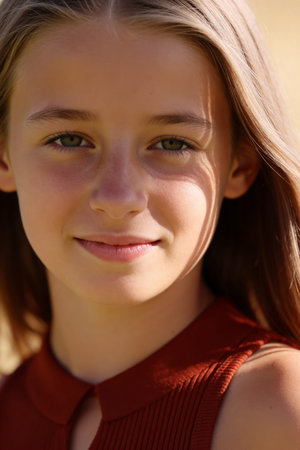 A young girl with striking green eyes and a subtle smile is captured in a close-up portrait, with...