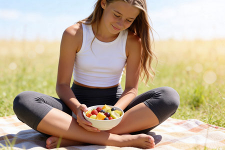 A teenage girl sits cross-legged in a grassy field, holding a bowl of fresh fruit salad and looking down with a gentle smileの写真素材