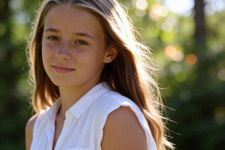 A portrait of a young girl with flowing blonde hair and bright green eyes, bathed in warm sunlight, looking serenely towards the viewer with a subtle smileの写真素材