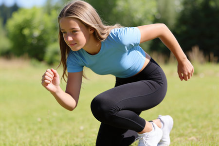 A determined young athlete prepares for a race outdoors, showcasing focus and readiness for actionの写真素材