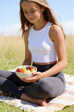 A teenage girl sits cross-legged on a blanket in a grassy field, holding a bowl filled with colorful mixed fruits and looking down with a gentle smileの写真素材