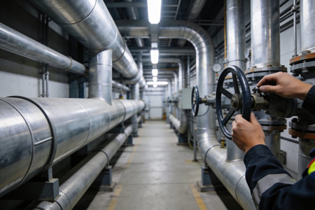 A close-up view of a worker's hands operating a large valve amidst a complex network of industrial...