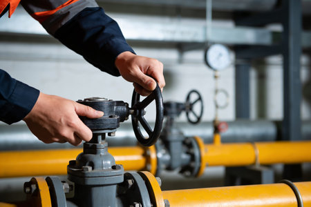 A close-up shot of a person's hands turning a valve on a large industrial pipe system, suggesting...